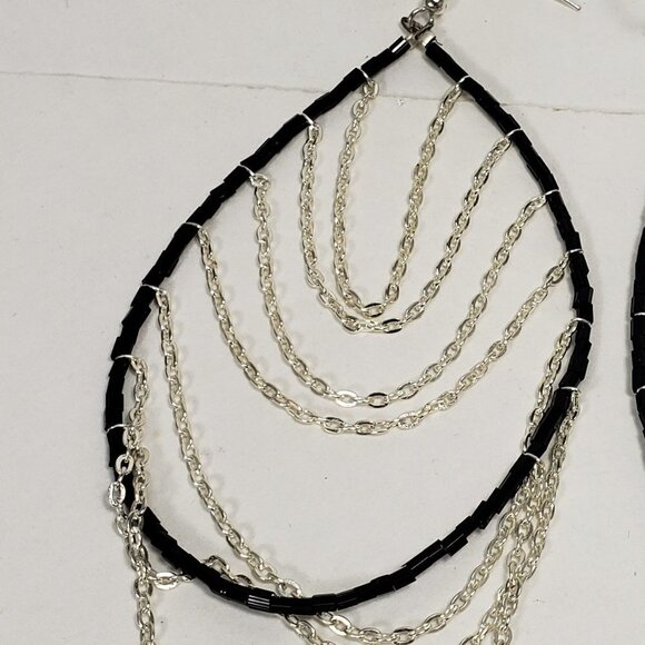 Women's Silver tone Dangling Chain - Black Beaded Hoop Fishhook Drop Earrings - Picture 3 of 6
